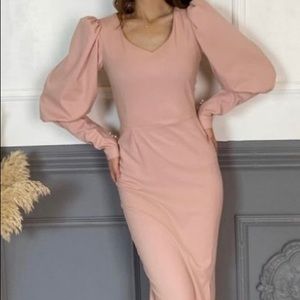 Pink Midi Bodycon Pencil Skirt Dress with Pearl Detailing and Side Slit Size S